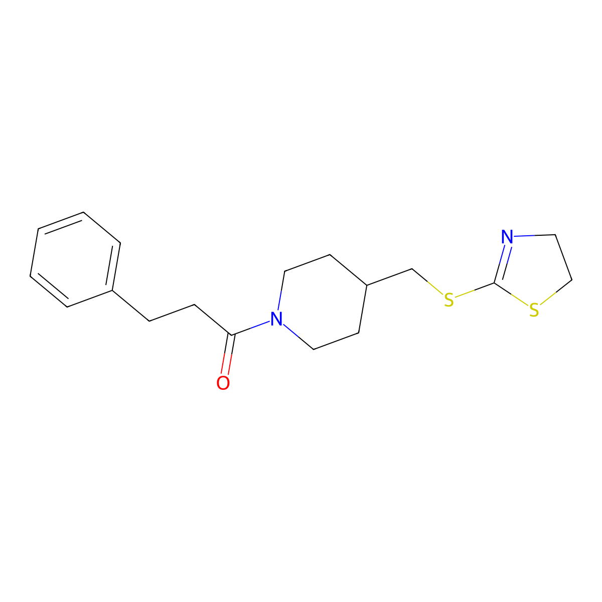 1-(4-(((4,5-Dihydrothiazol-2-yl)thio)methyl)piperidin-1-yl)-3-phenylpropan-1-one molecular structure, CAS 1421531-61-4