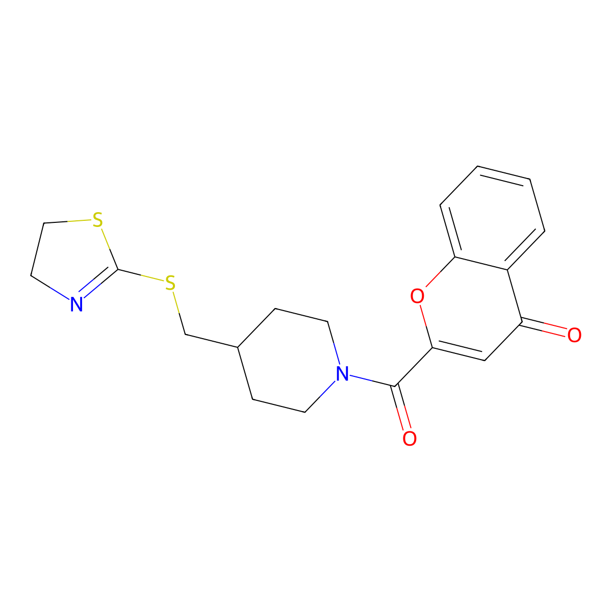 2-(4-(((4,5-dihydrothiazol-2-yl)thio)methyl)piperidine-1-carbonyl)-4H-chromen-4-one molecular structure, CAS 1421531-65-8