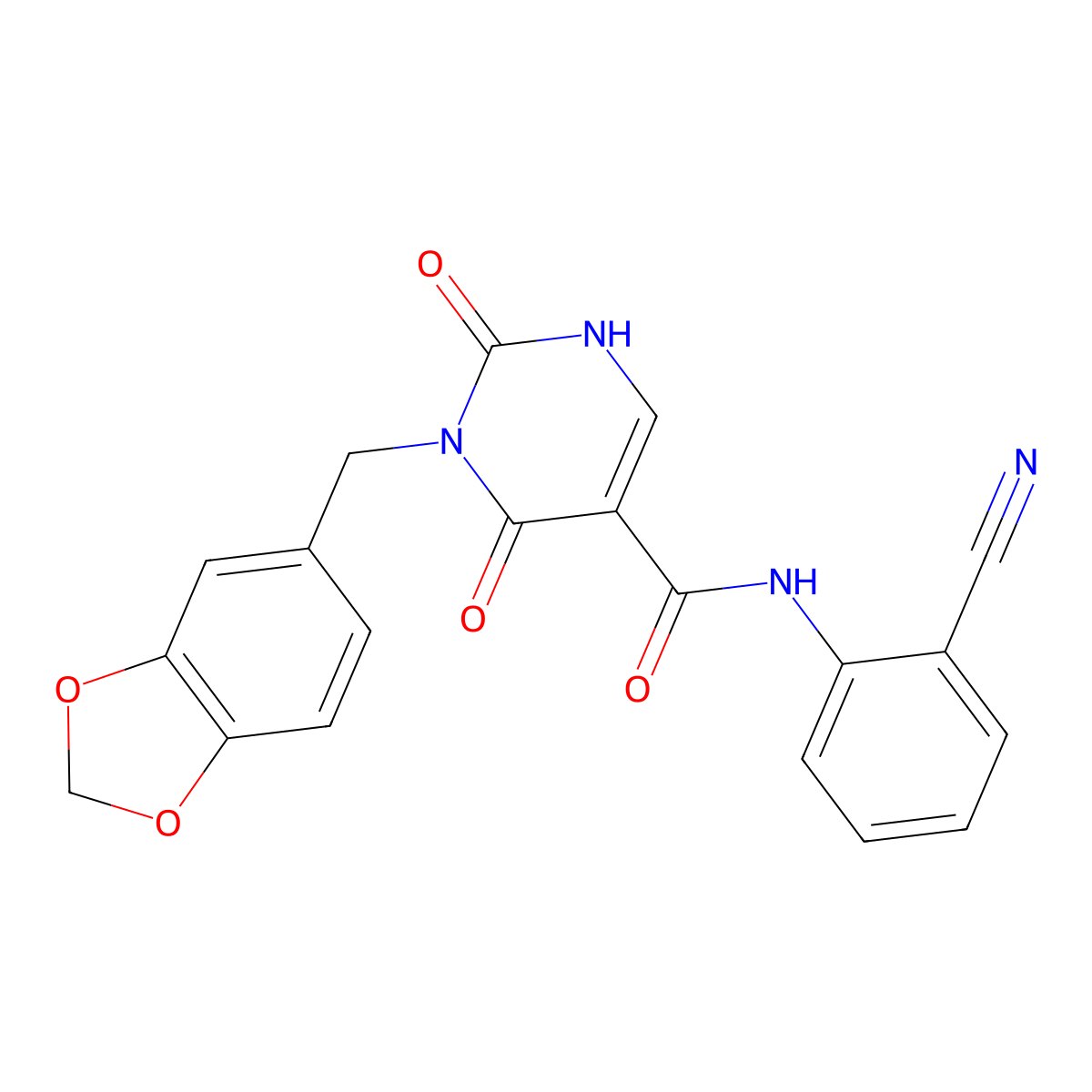 3-(benzo[d][1,3]dioxol-5-ylmethyl)-N-(2-cyanophenyl)-2,4-dioxo-1,2,3,4-tetrahydropyrimidine-5-carboxamide molecular structure, CAS 1421531-73-8
