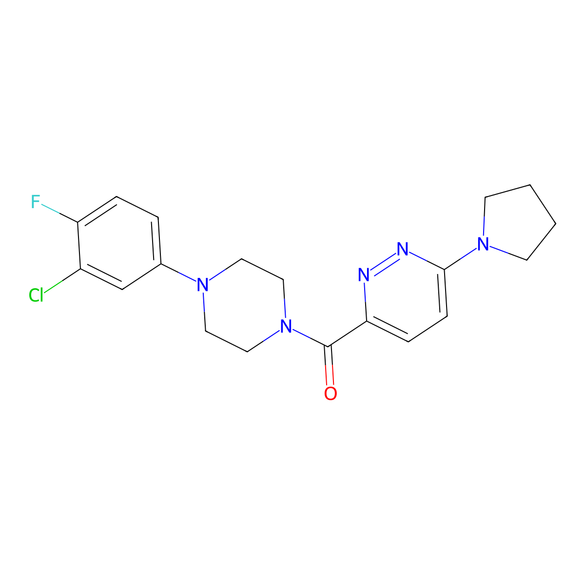 (4-(3-Chloro-4-fluorophenyl)piperazin-1-yl)(6-(pyrrolidin-1-yl)pyridazin-3-yl)methanone molecular structure, CAS 1421531-80-7