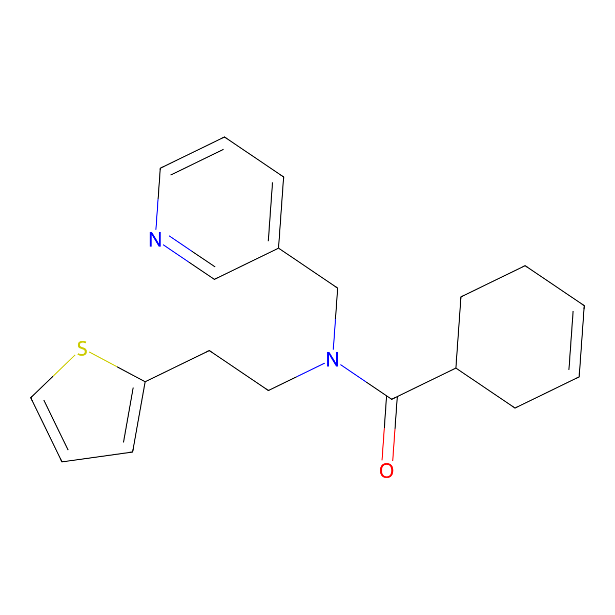 N-(pyridin-3-ylmethyl)-N-(2-(thiophen-2-yl)ethyl)cyclohex-3-enecarboxamide molecular structure, CAS 1421531-87-4