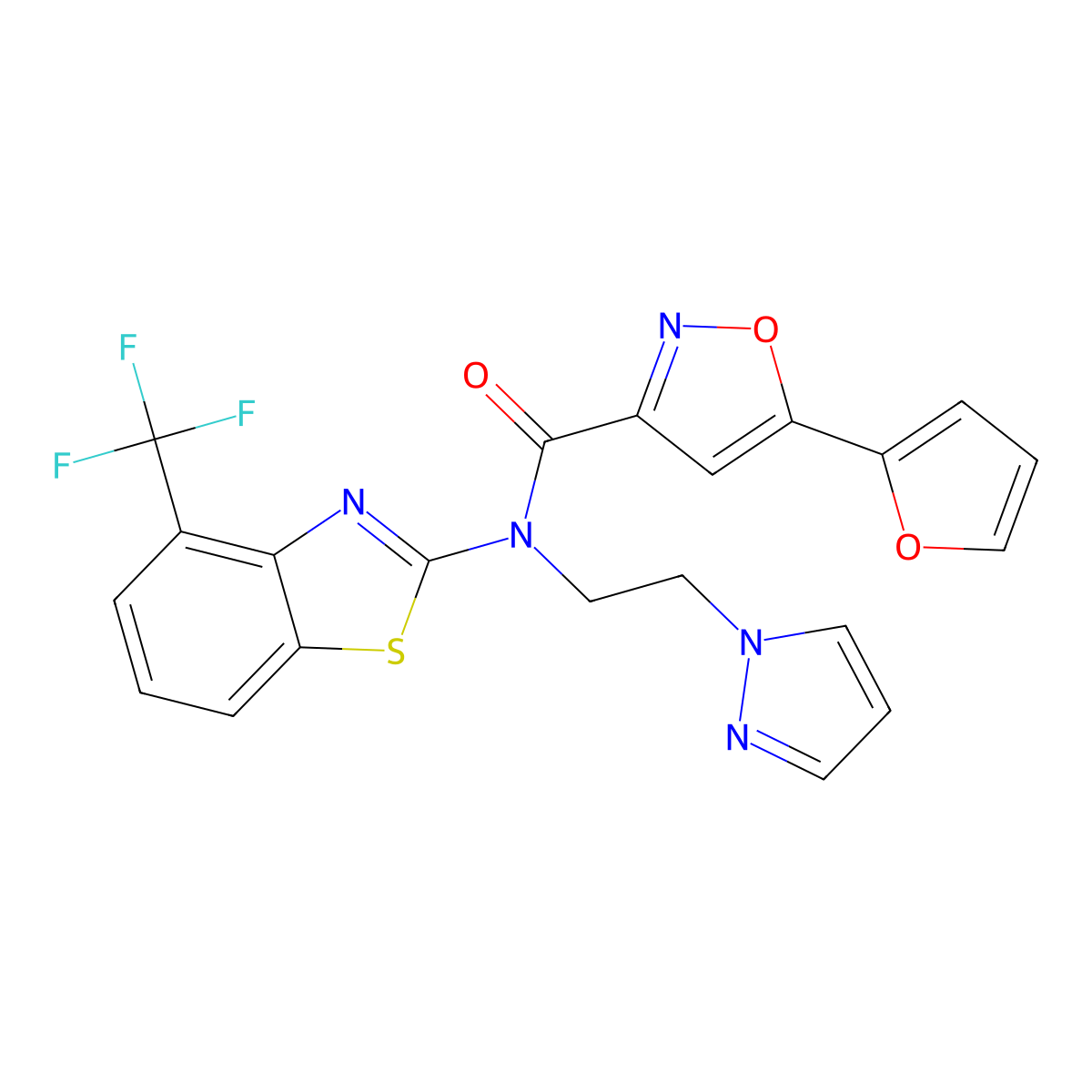 N-(2-(1H-pyrazol-1-yl)ethyl)-5-(furan-2-yl)-N-(4-(trifluoromethyl)benzo[d]thiazol-2-yl)isoxazole-3-carboxamide molecular structure, CAS 1421531-89-6