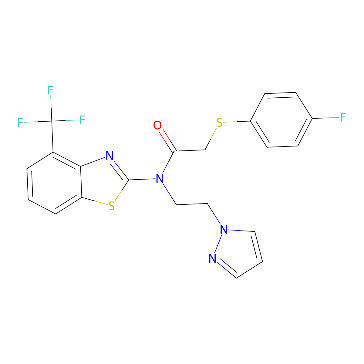 N-(2-(1H-pyrazol-1-yl)ethyl)-2-((4-fluorophenyl)thio)-N-(4-(trifluoromethyl)benzo[d]thiazol-2-yl)acetamide molecular structure, CAS 1421531-93-2