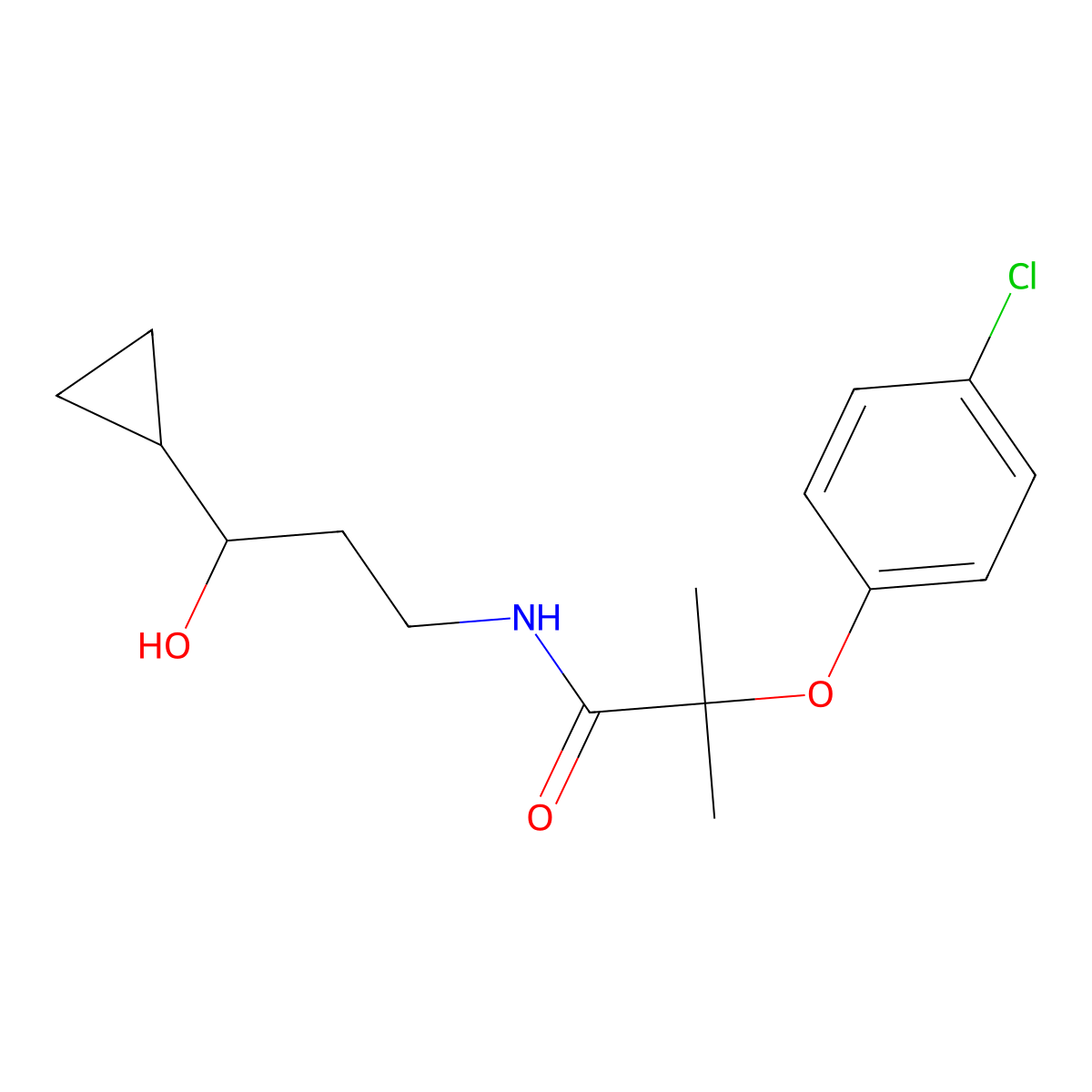2-(4-chlorophenoxy)-N-(3-cyclopropyl-3-hydroxypropyl)-2-methylpropanamide molecular structure, CAS 1421531-98-7