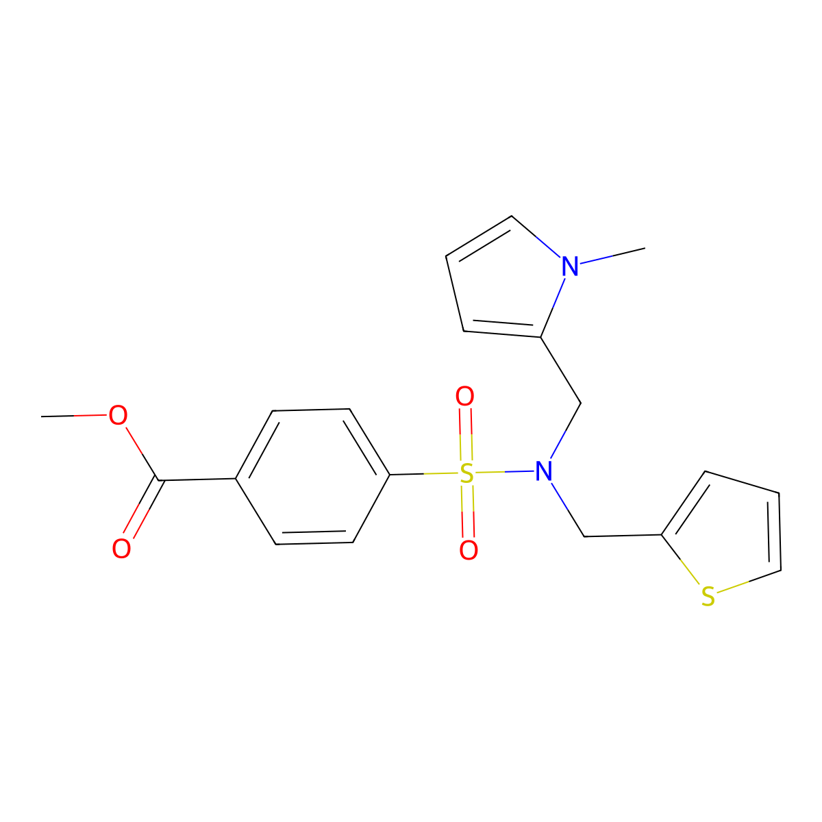 methyl 4-(N-((1-methyl-1H-pyrrol-2-yl)methyl)-N-(thiophen-2-ylmethyl)sulfamoyl)benzoate molecular structure, CAS 1421532-12-8