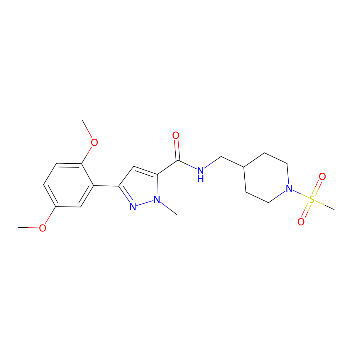 3-(2,5-dimethoxyphenyl)-1-methyl-N-((1-(methylsulfonyl)piperidin-4-yl)methyl)-1H-pyrazole-5-carboxamide molecular structure, CAS 1421532-54-8