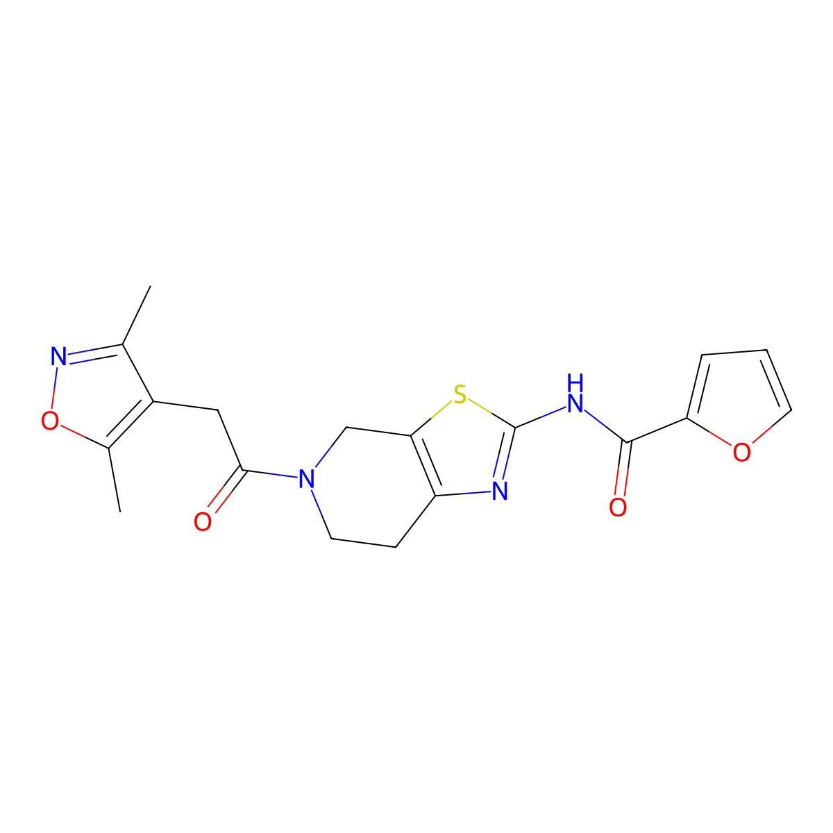 N-(5-(2-(3,5-dimethylisoxazol-4-yl)acetyl)-4,5,6,7-tetrahydrothiazolo[5,4-c]pyridin-2-yl)furan-2-carboxamide molecular structure, CAS 1421532-63-9