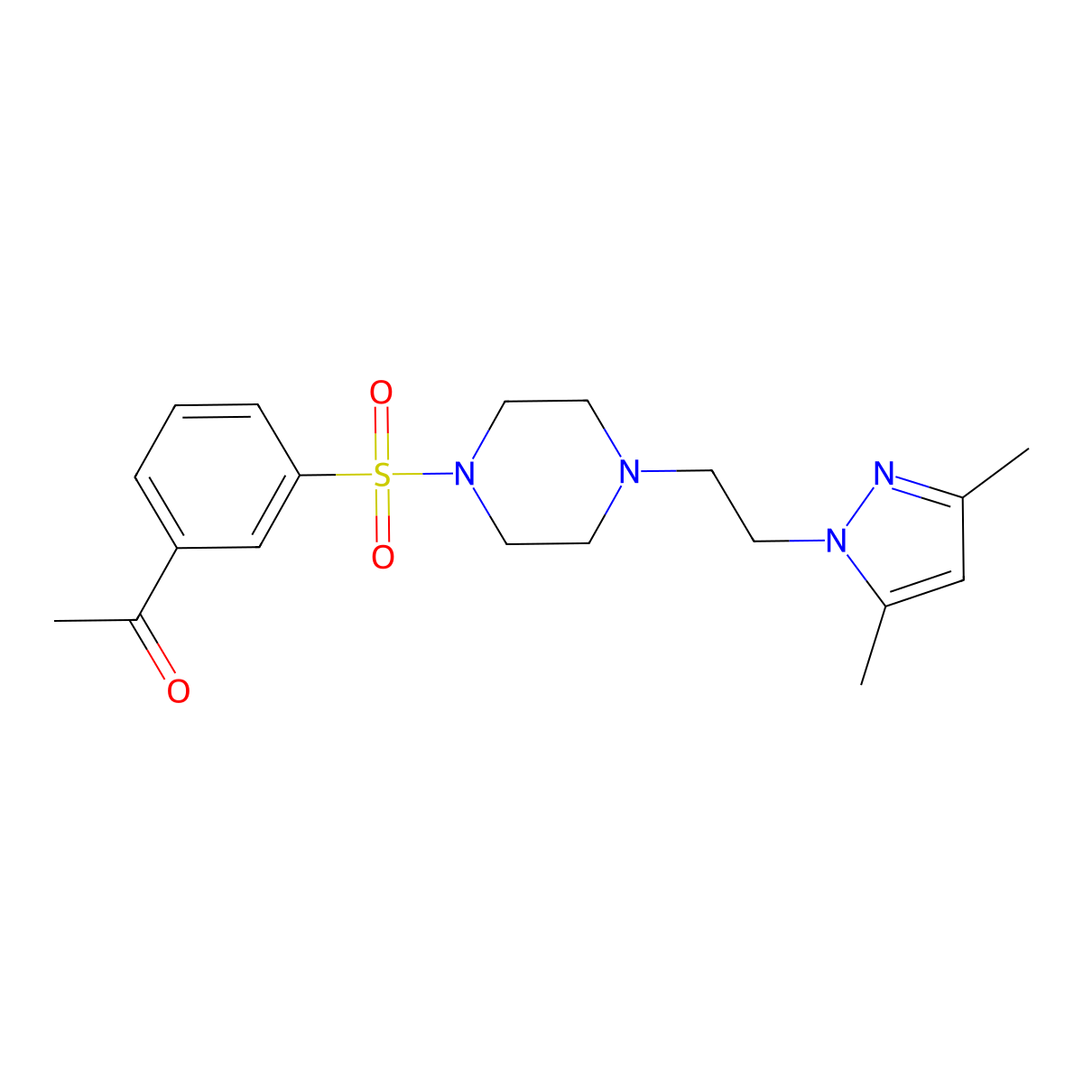 1-(3-((4-(2-(3,5-dimethyl-1H-pyrazol-1-yl)ethyl)piperazin-1-yl)sulfonyl)phenyl)ethanone molecular structure, CAS 1421532-65-1