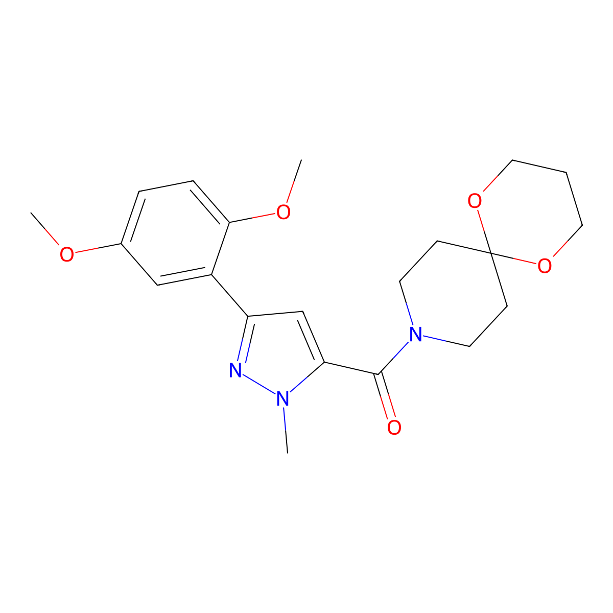 (3-(2,5-dimethoxyphenyl)-1-methyl-1H-pyrazol-5-yl)(1,5-dioxa-9-azaspiro[5.5]undecan-9-yl)methanone molecular structure, CAS 1421532-70-8