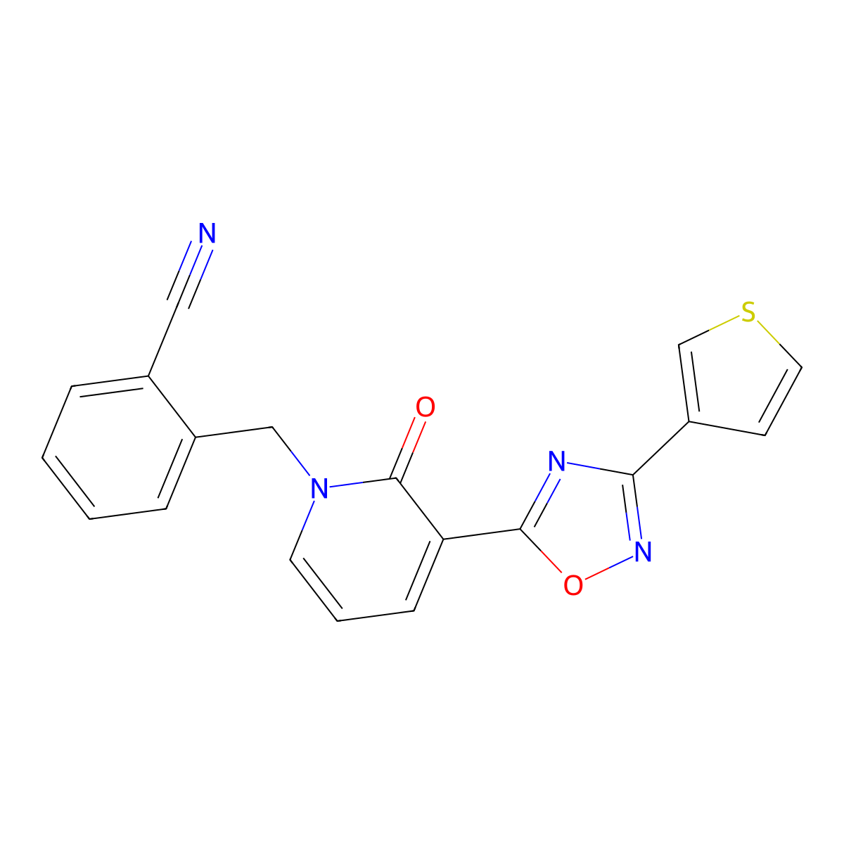2-{[2-oxo-3-[3-(3-thienyl)-1,2,4-oxadiazol-5-yl]pyridin-1(2H)-yl]methyl}benzonitrile molecular structure, CAS 1421532-72-0