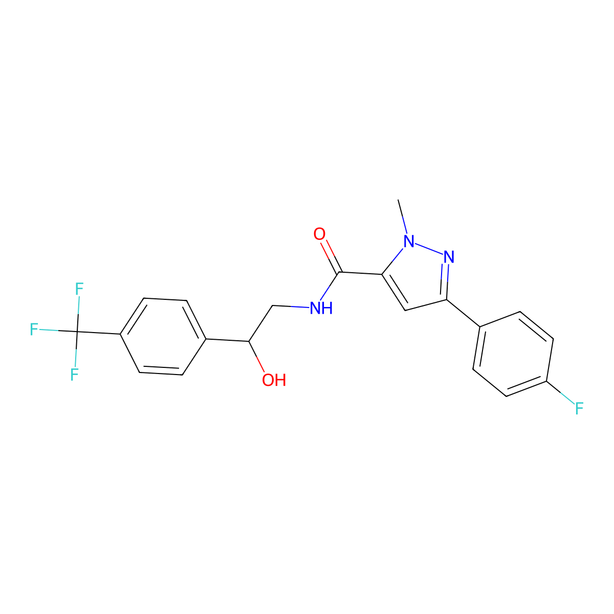 3-(4-fluorophenyl)-N-(2-hydroxy-2-(4-(trifluoromethyl)phenyl)ethyl)-1-methyl-1H-pyrazole-5-carboxamide molecular structure, CAS 1421532-79-7