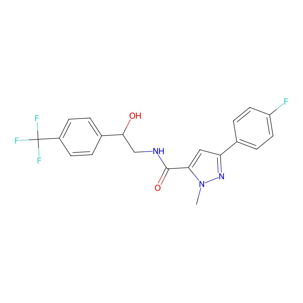 3-(4-fluorophenyl)-N-(2-hydroxy-2-(4-(trifluoromethyl)phenyl)ethyl)-1-methyl-1H-pyrazole-5-carboxamide molecular structure, CAS 1421532-79-7