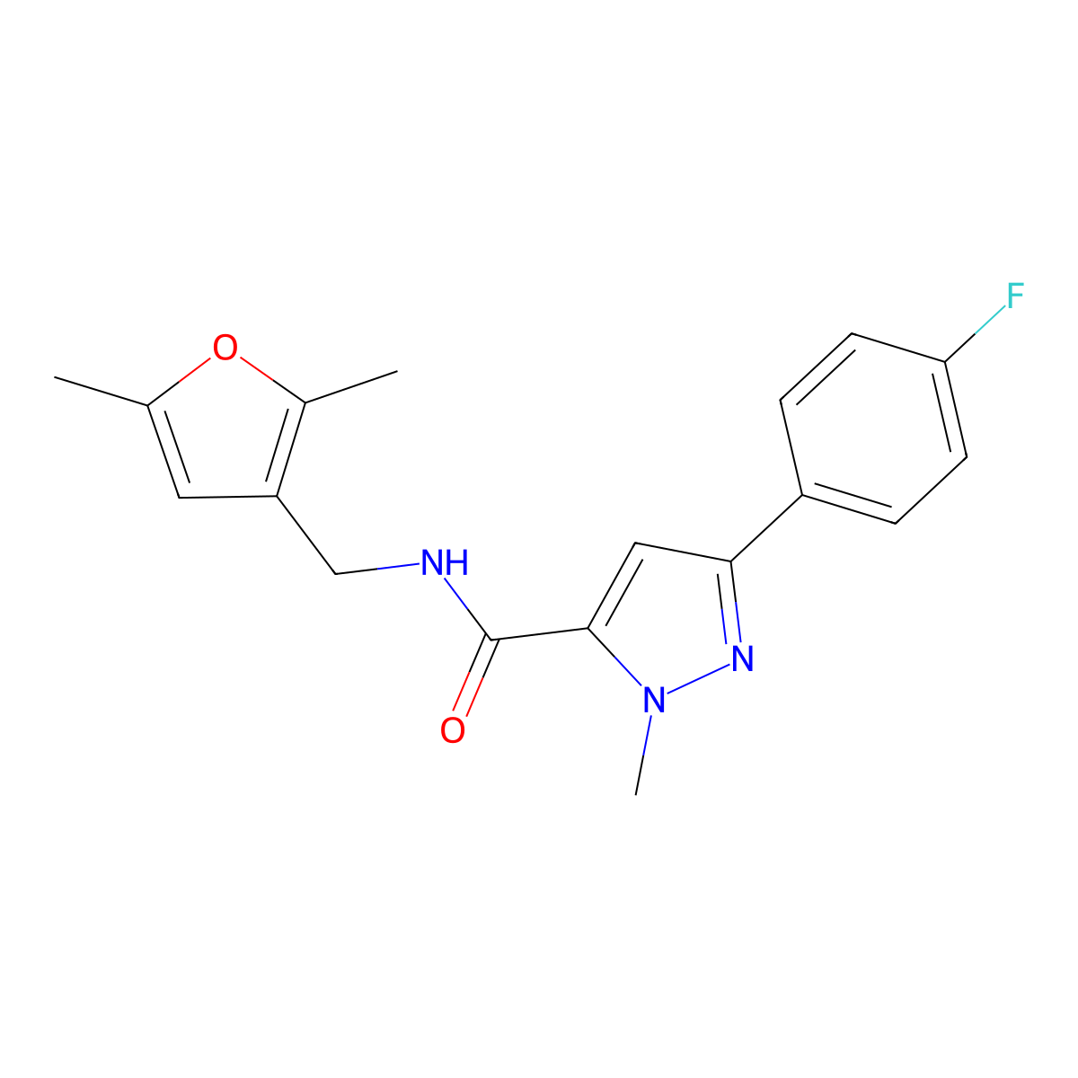 N-[(2,5-dimethylfuran-3-yl)methyl]-3-(4-fluorophenyl)-1-methyl-1H-pyrazole-5-carboxamide molecular structure, CAS 1421532-81-1