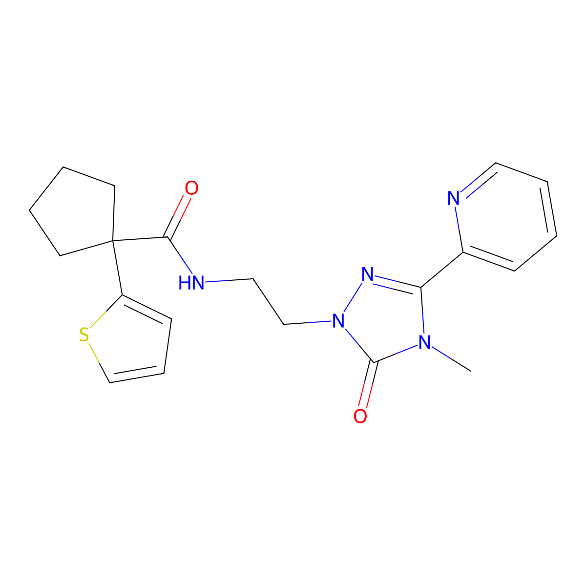 N-(2-(4-methyl-5-oxo-3-(pyridin-2-yl)-4,5-dihydro-1H-1,2,4-triazol-1-yl)ethyl)-1-(thiophen-2-yl)cyclopentanecarboxamide molecular structure, CAS 1421532-82-2