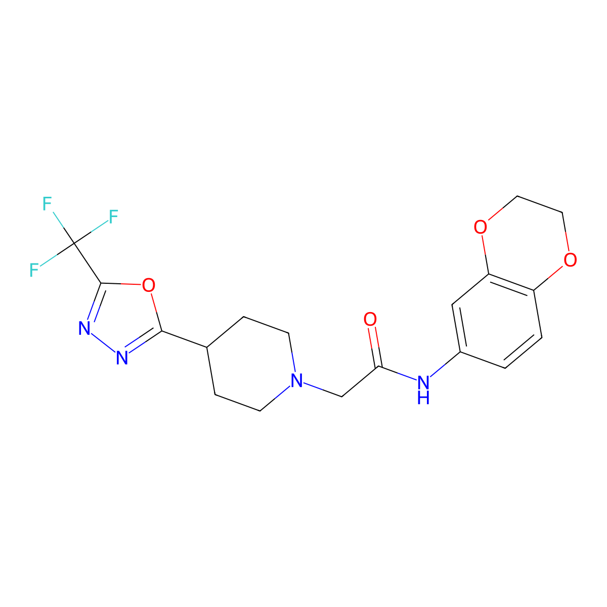 N-(2,3-dihydrobenzo[b][1,4]dioxin-6-yl)-2-(4-(5-(trifluoromethyl)-1,3,4-oxadiazol-2-yl)piperidin-1-yl)acetamide molecular structure, CAS 1421532-89-9