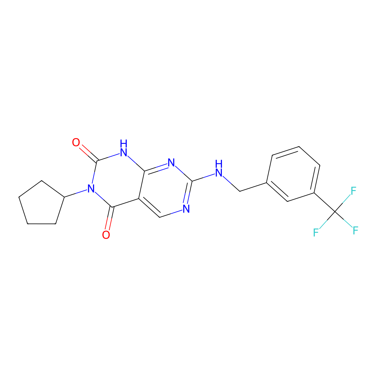 3-cyclopentyl-7-((3-(trifluoromethyl)benzyl)amino)pyrimido[4,5-d]pyrimidine-2,4(1H,3H)-dione molecular structure, CAS 1421532-97-9