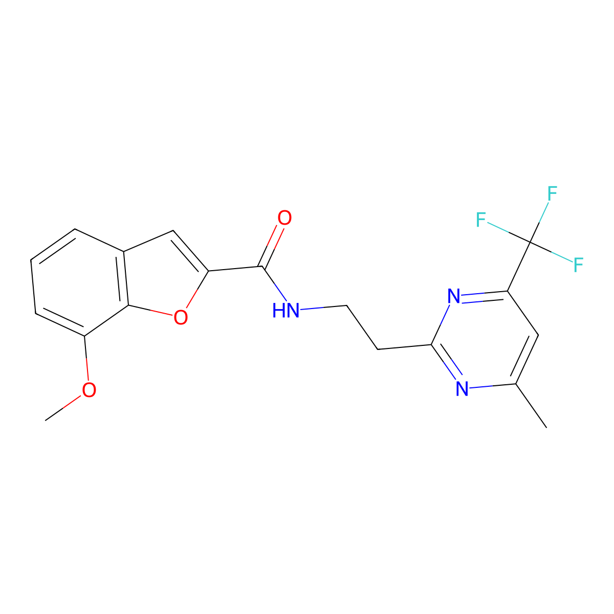 7-methoxy-N-(2-(4-methyl-6-(trifluoromethyl)pyrimidin-2-yl)ethyl)benzofuran-2-carboxamide molecular structure, CAS 1421533-05-2