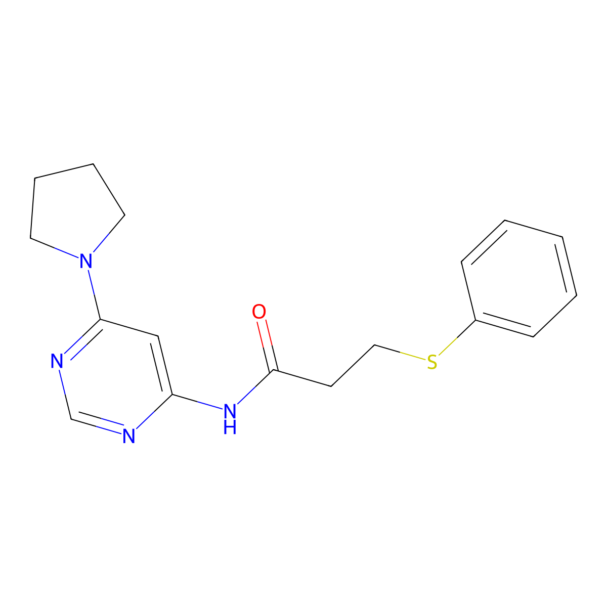 3-(phenylthio)-N-(6-(pyrrolidin-1-yl)pyrimidin-4-yl)propanamide molecular structure, CAS 1421533-08-5