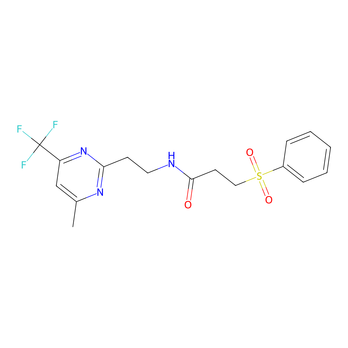 N-(2-(4-methyl-6-(trifluoromethyl)pyrimidin-2-yl)ethyl)-3-(phenylsulfonyl)propanamide molecular structure, CAS 1421533-09-6