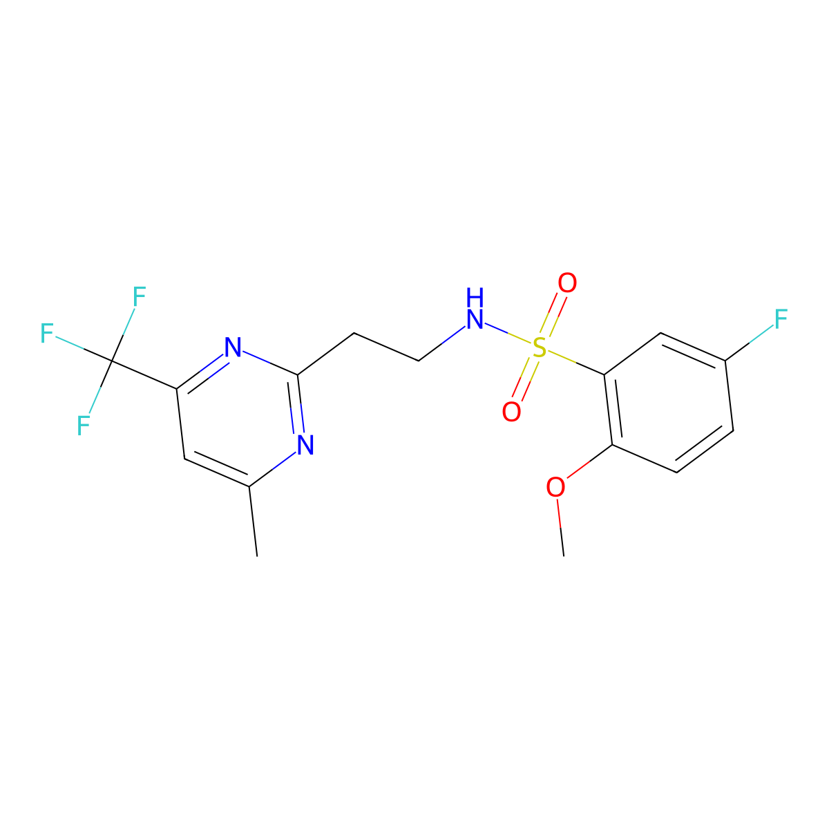 5-fluoro-2-methoxy-N-(2-(4-methyl-6-(trifluoromethyl)pyrimidin-2-yl)ethyl)benzenesulfonamide molecular structure, CAS 1421533-13-2
