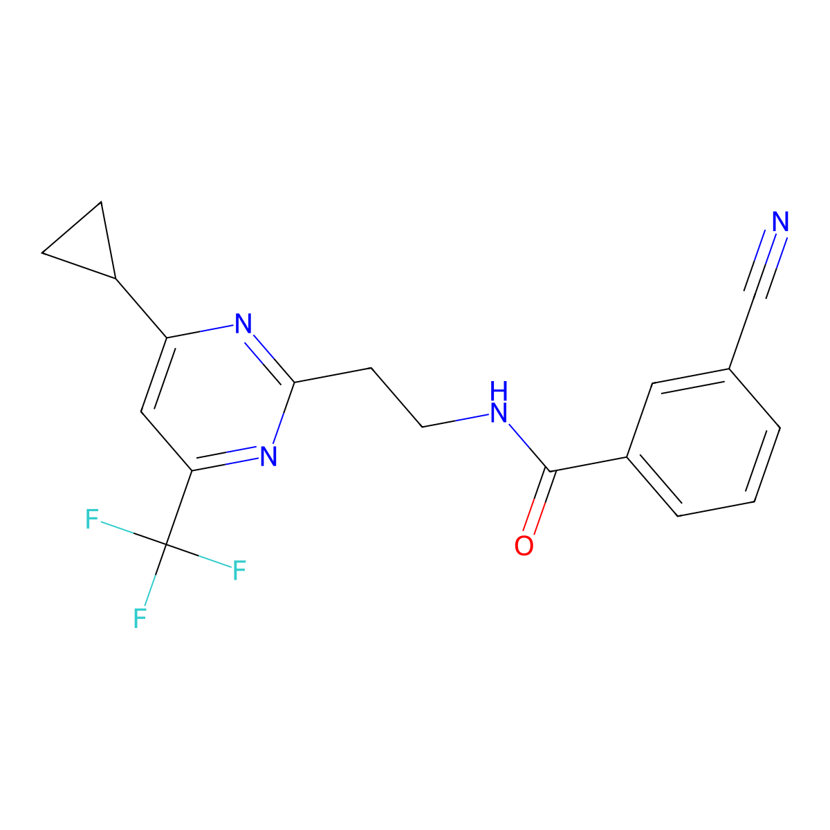 3-cyano-N-(2-(4-cyclopropyl-6-(trifluoromethyl)pyrimidin-2-yl)ethyl)benzamide molecular structure, CAS 1421533-22-3