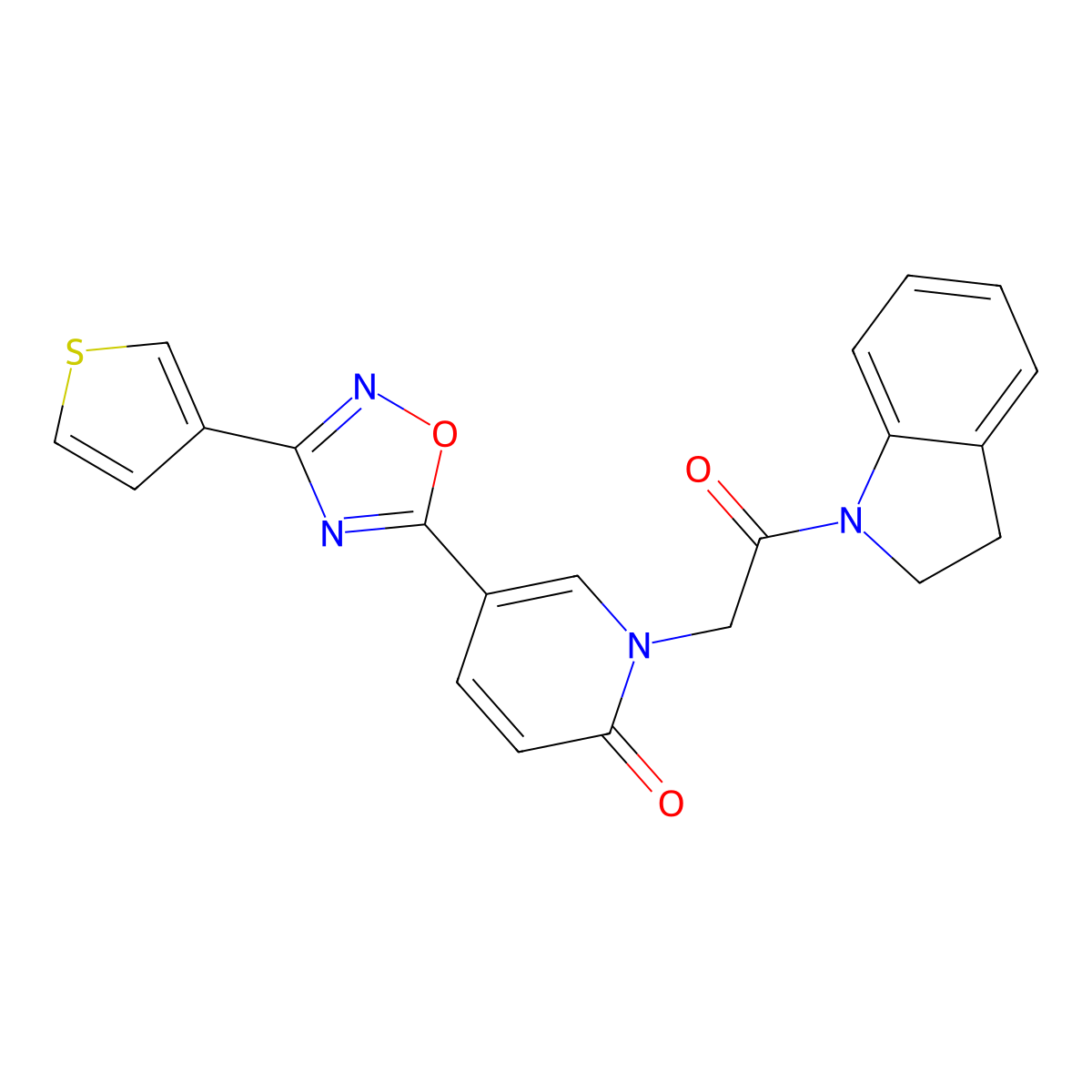 1-[2-(2,3-dihydro-1H-indol-1-yl)-2-oxoethyl]-5-[3-(thiophen-3-yl)-1,2,4-oxadiazol-5-yl]-1,2-dihydropyridin-2-one molecular structure, CAS 1421533-24-5