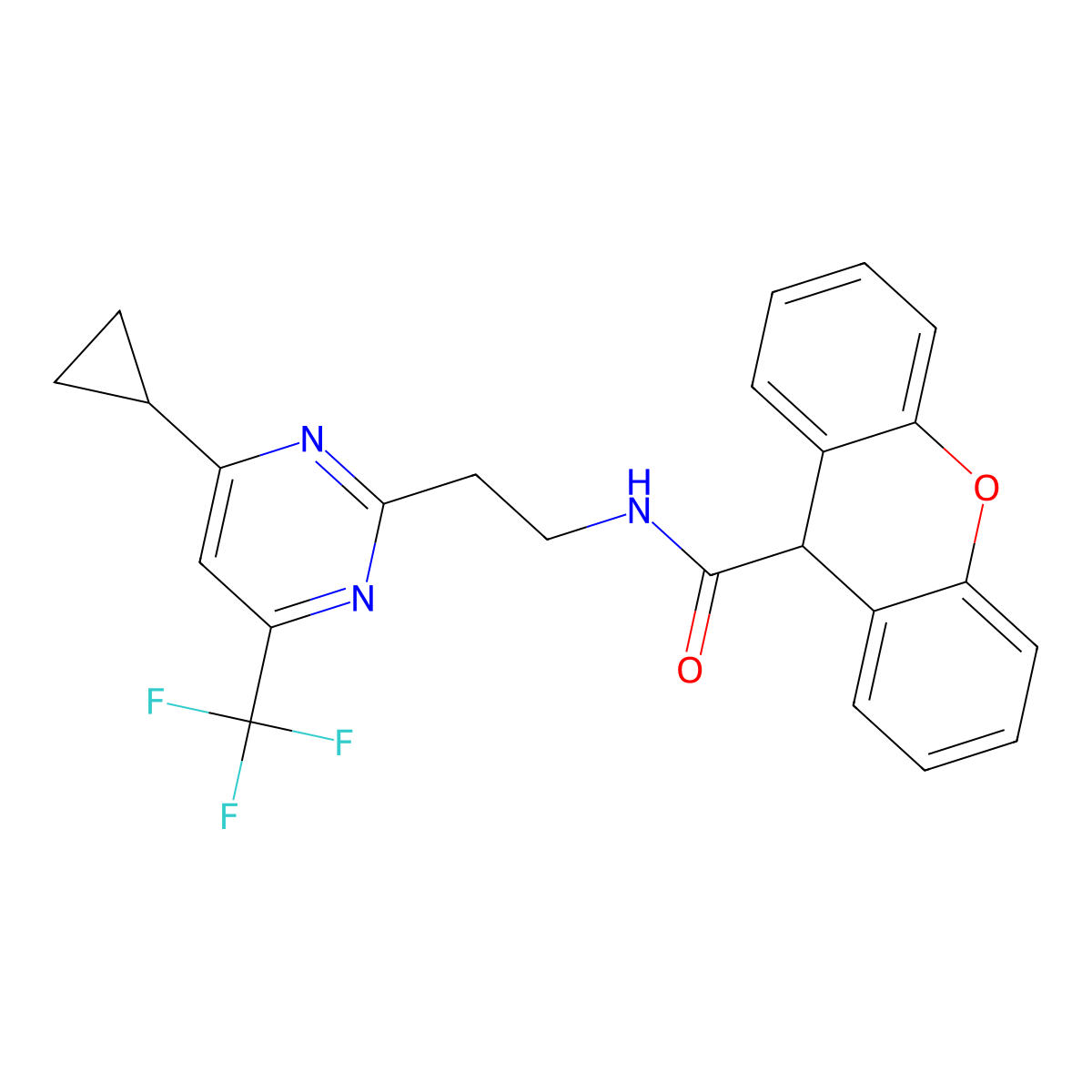 N-(2-(4-cyclopropyl-6-(trifluoromethyl)pyrimidin-2-yl)ethyl)-9H-xanthene-9-carboxamide molecular structure, CAS 1421533-29-0