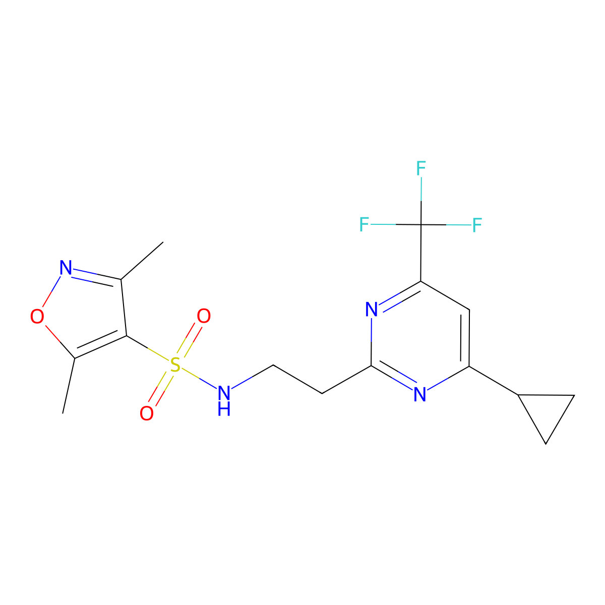 N-(2-(4-cyclopropyl-6-(trifluoromethyl)pyrimidin-2-yl)ethyl)-3,5-dimethylisoxazole-4-sulfonamide molecular structure, CAS 1421583-34-7