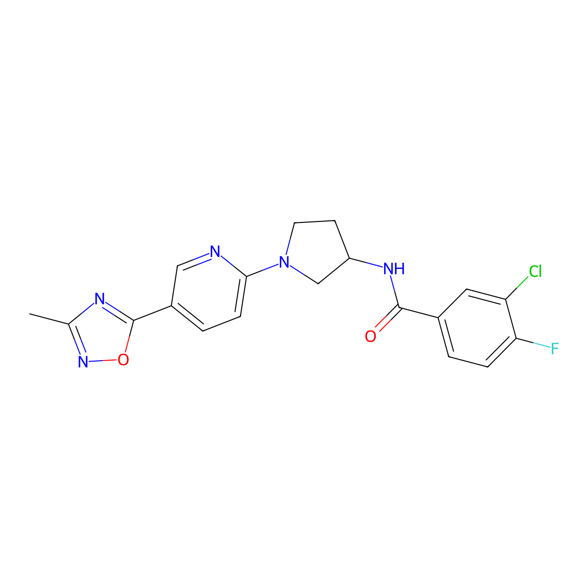 3-chloro-4-fluoro-N-{1-[5-(3-methyl-1,2,4-oxadiazol-5-yl)pyridin-2-yl]pyrrolidin-3-yl}benzamide molecular structure, CAS 1421583-37-0