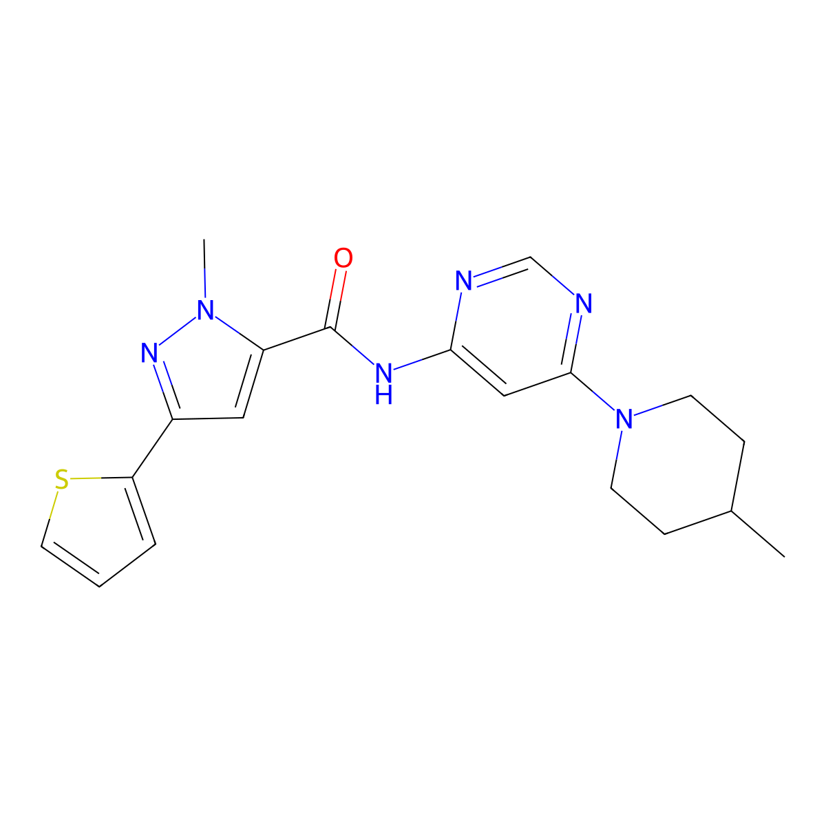 1-methyl-N-(6-(4-methylpiperidin-1-yl)pyrimidin-4-yl)-3-(thiophen-2-yl)-1H-pyrazole-5-carboxamide molecular structure, CAS 1421583-39-2