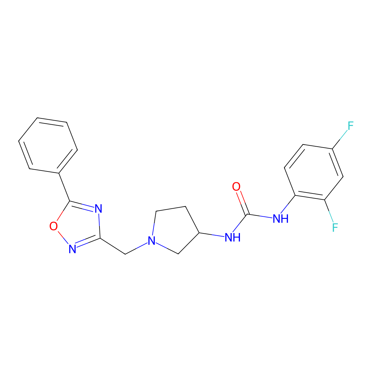 1-(2,4-Difluorophenyl)-3-(1-((5-phenyl-1,2,4-oxadiazol-3-yl)methyl)pyrrolidin-3-yl)urea molecular structure, CAS 1421583-46-1