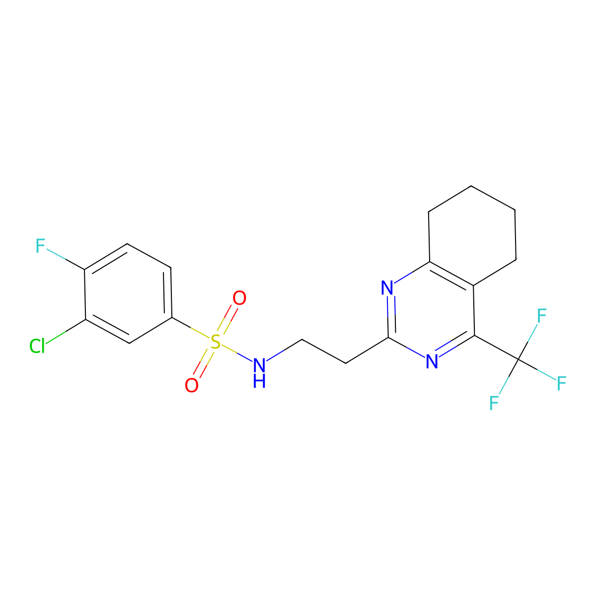 3-chloro-4-fluoro-N-(2-(4-(trifluoromethyl)-5,6,7,8-tetrahydroquinazolin-2-yl)ethyl)benzenesulfonamide molecular structure, CAS 1421583-55-2
