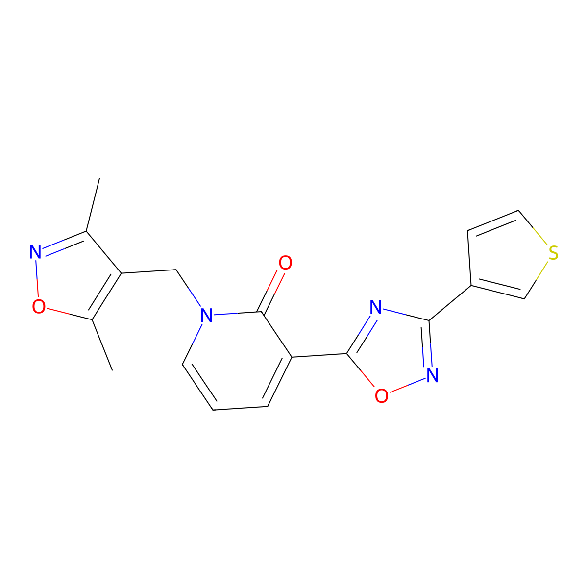 1-[(3,5-dimethylisoxazol-4-yl)methyl]-3-[3-(3-thienyl)-1,2,4-oxadiazol-5-yl]pyridin-2(1H)-one molecular structure, CAS 1421583-63-2