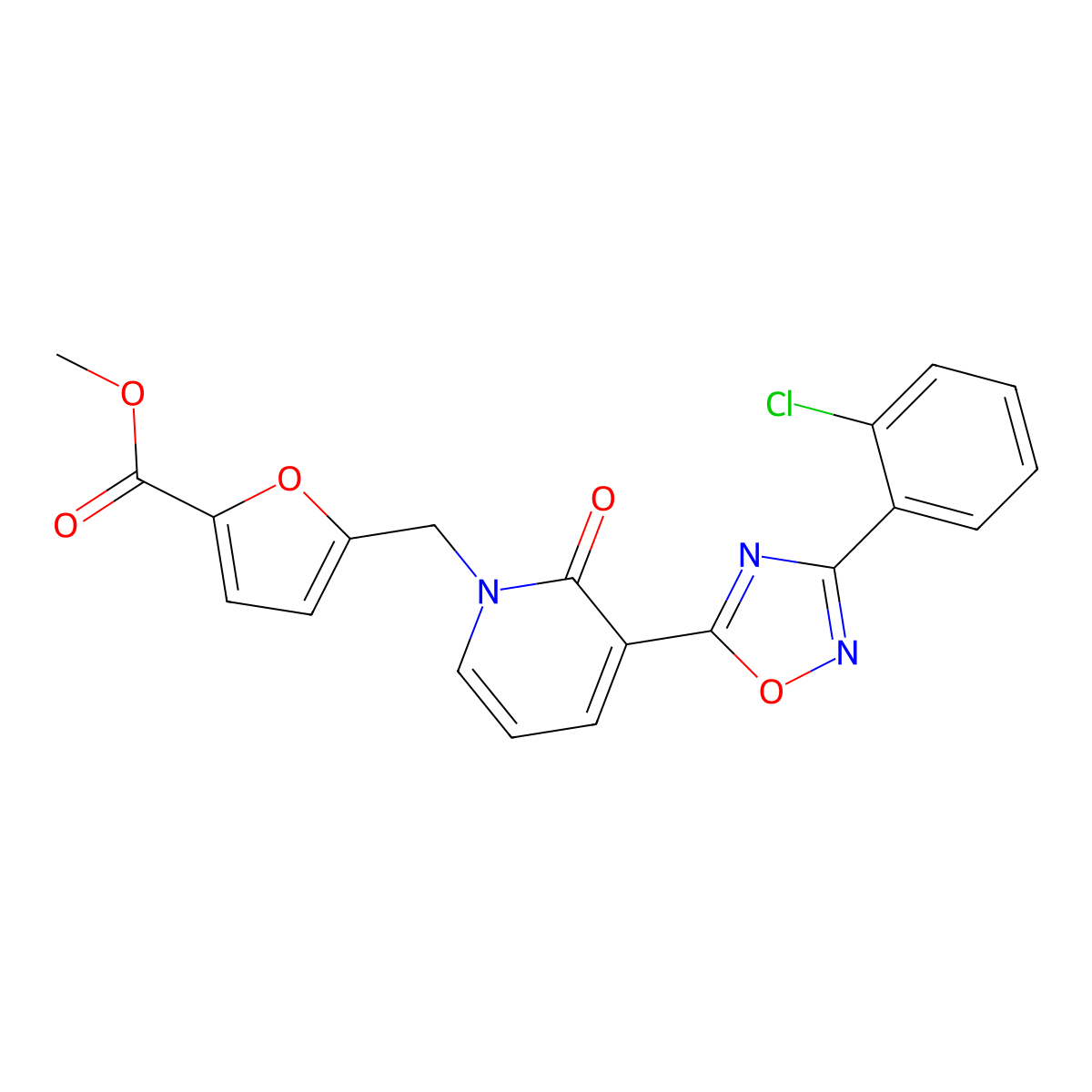 methyl 5-((3-(3-(2-chlorophenyl)-1,2,4-oxadiazol-5-yl)-2-oxopyridin-1(2H)-yl)methyl)furan-2-carboxylate molecular structure, CAS 1421583-66-5
