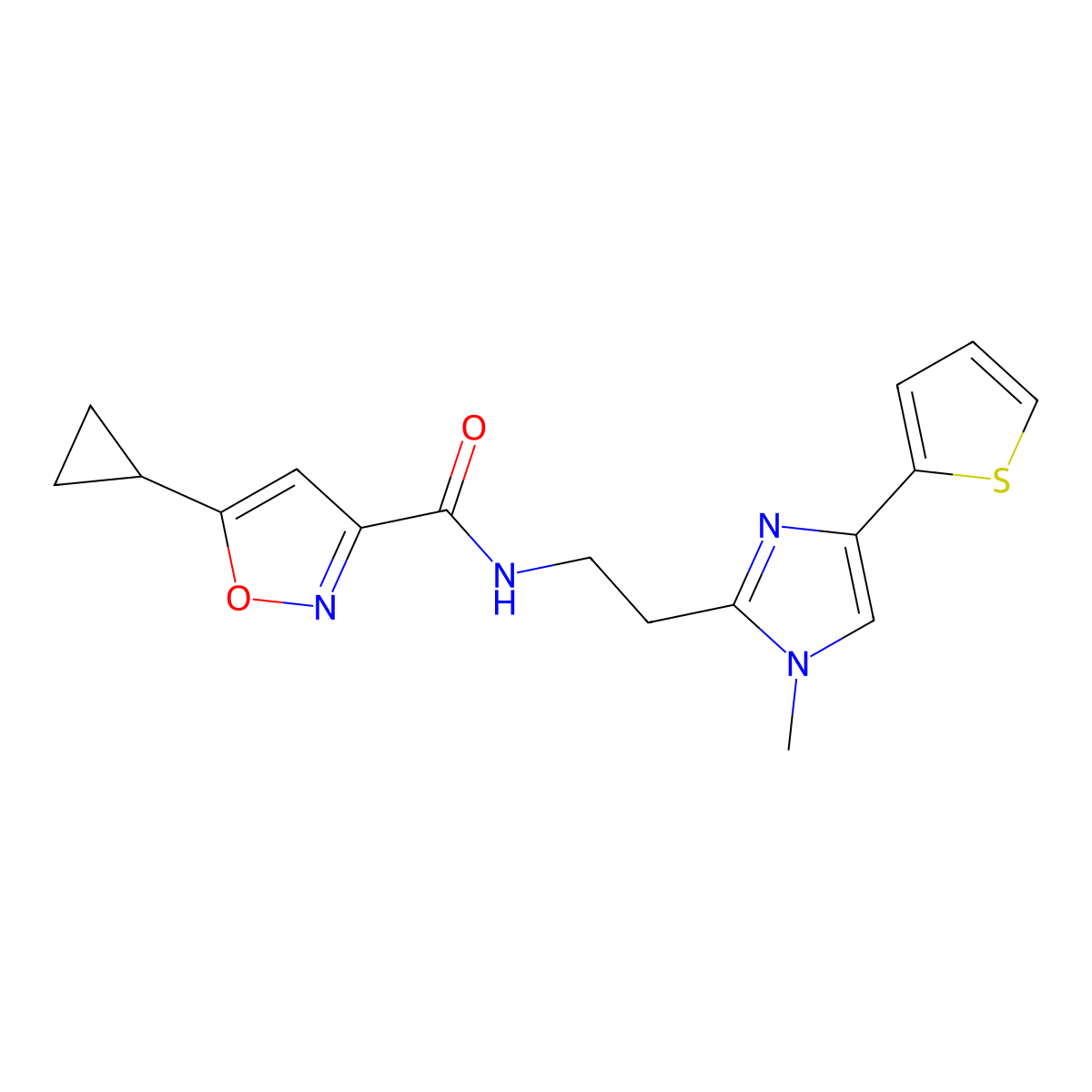5-cyclopropyl-N-(2-(1-methyl-4-(thiophen-2-yl)-1H-imidazol-2-yl)ethyl)isoxazole-3-carboxamide molecular structure, CAS 1421583-68-7