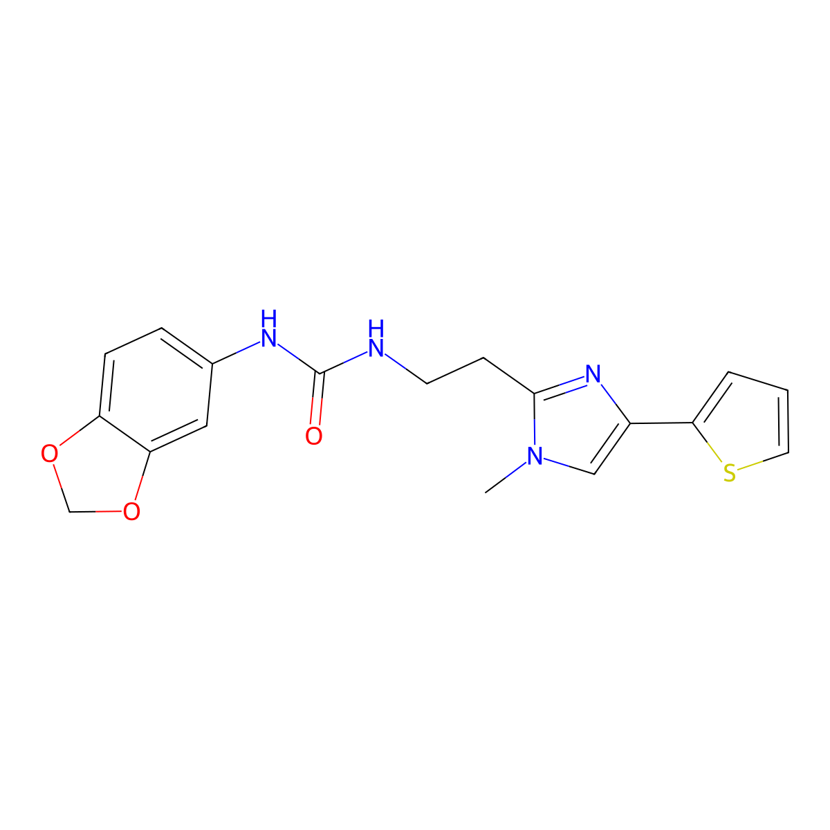 1-(benzo[d][1,3]dioxol-5-yl)-3-(2-(1-methyl-4-(thiophen-2-yl)-1H-imidazol-2-yl)ethyl)urea molecular structure, CAS 1421583-70-1