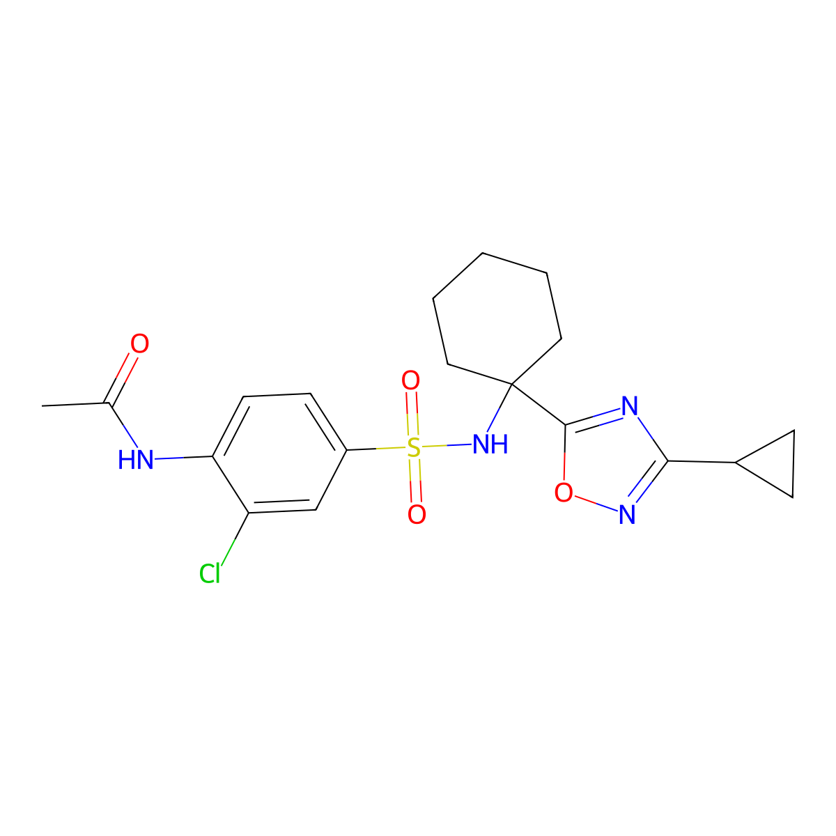 N-(2-chloro-4-(N-(1-(3-cyclopropyl-1,2,4-oxadiazol-5-yl)cyclohexyl)sulfamoyl)phenyl)acetamide molecular structure, CAS 1421583-92-7