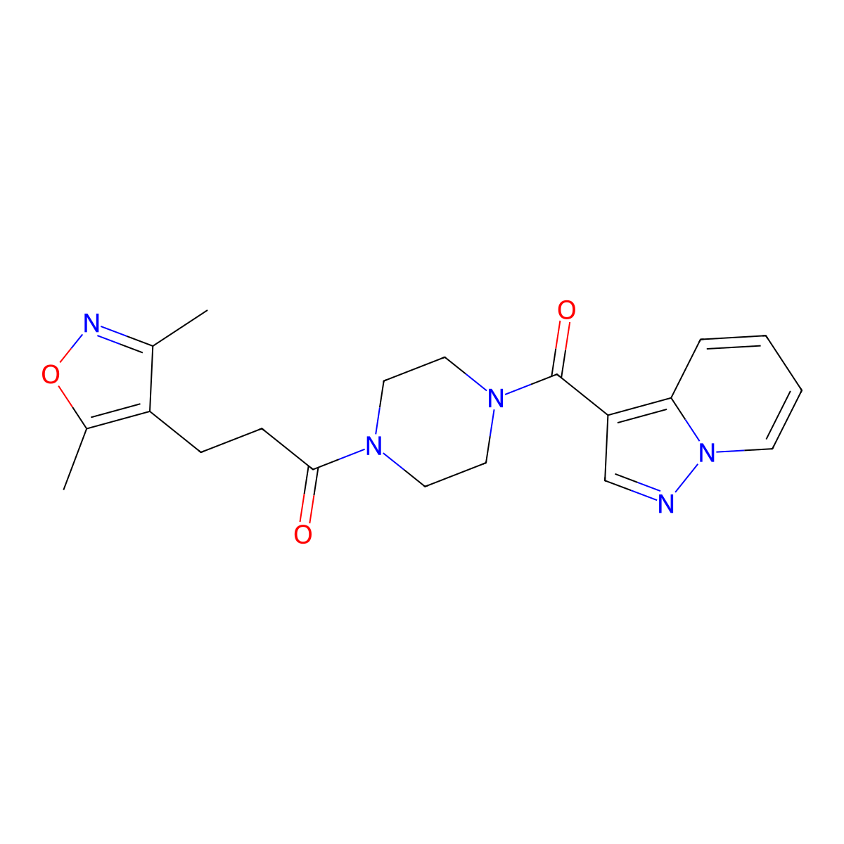 3-(3,5-Dimethylisoxazol-4-yl)-1-(4-(pyrazolo[1,5-a]pyridine-3-carbonyl)piperazin-1-yl)propan-1-one molecular structure, CAS 1421583-99-4