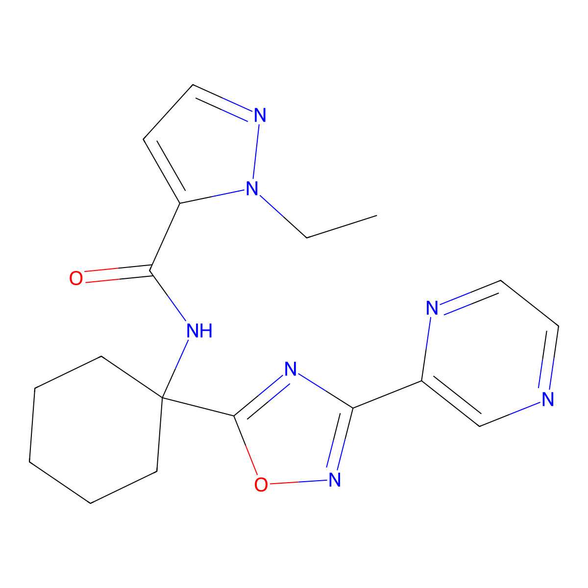 1-ethyl-N-{1-[3-(pyrazin-2-yl)-1,2,4-oxadiazol-5-yl]cyclohexyl}-1H-pyrazole-5-carboxamide molecular structure, CAS 1421584-01-1