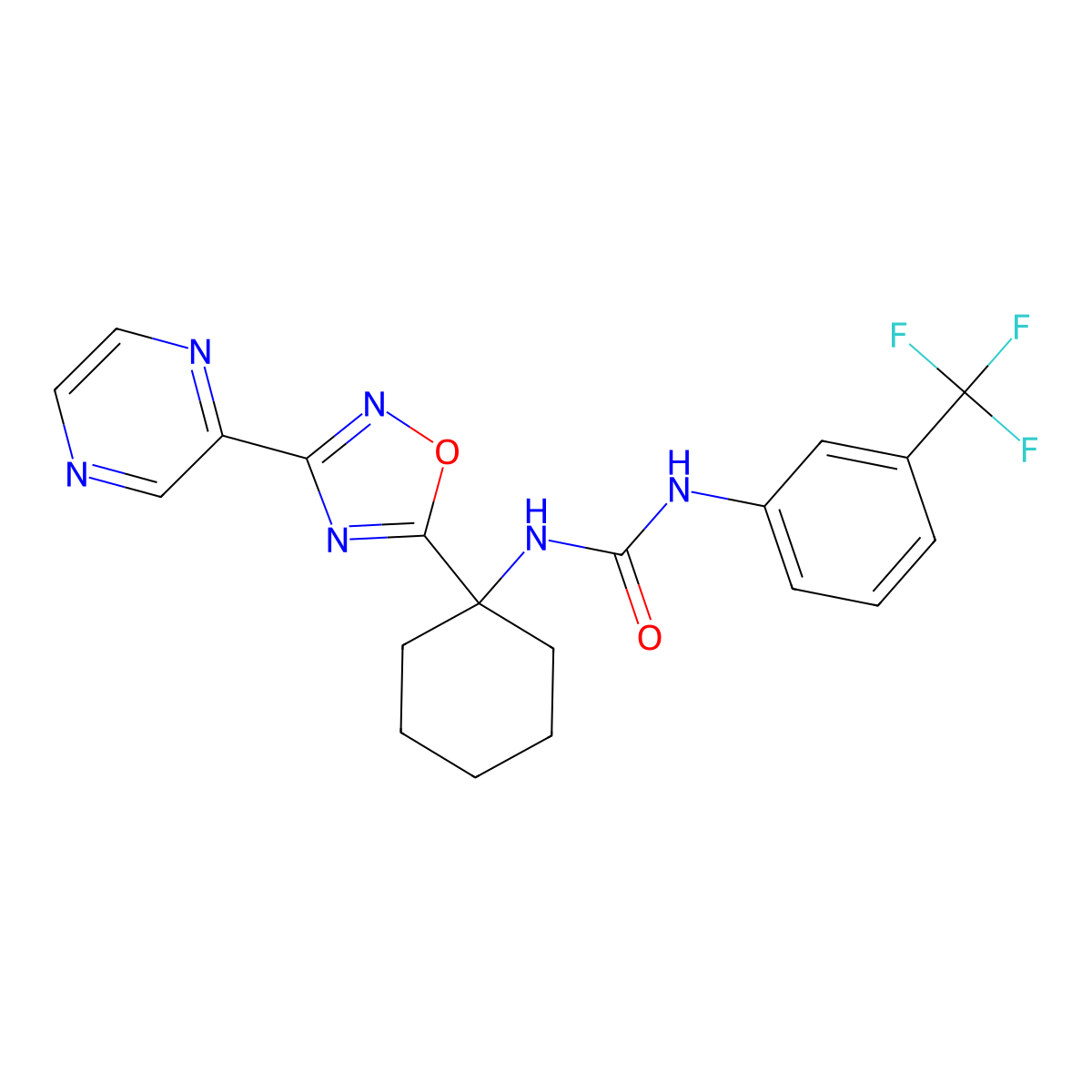 1-(1-(3-(Pyrazin-2-yl)-1,2,4-oxadiazol-5-yl)cyclohexyl)-3-(3-(trifluoromethyl)phenyl)urea molecular structure, CAS 1421584-04-4