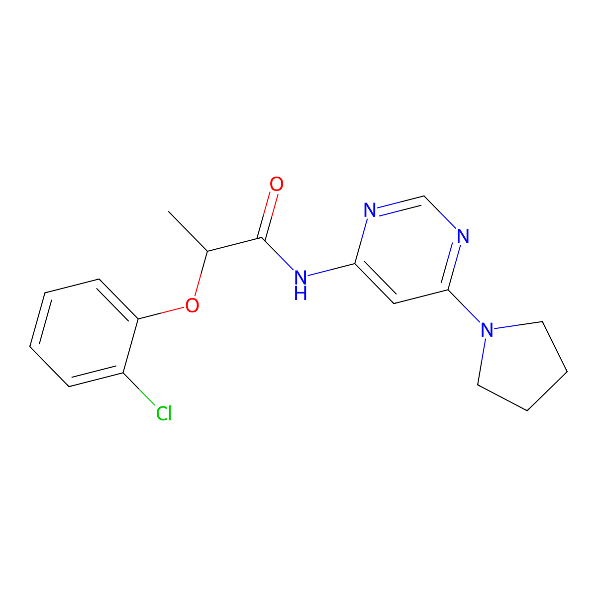 2-(2-chlorophenoxy)-N-[6-(pyrrolidin-1-yl)pyrimidin-4-yl]propanamide molecular structure, CAS 1421584-06-6