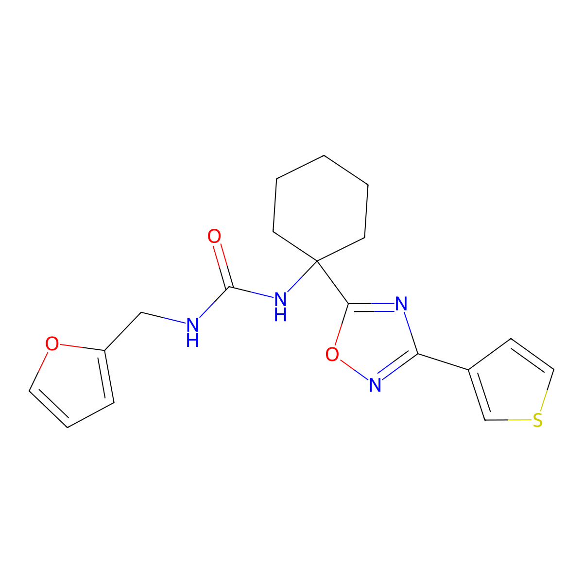 1-(Furan-2-ylmethyl)-3-(1-(3-(thiophen-3-yl)-1,2,4-oxadiazol-5-yl)cyclohexyl)urea molecular structure, CAS 1421584-09-9