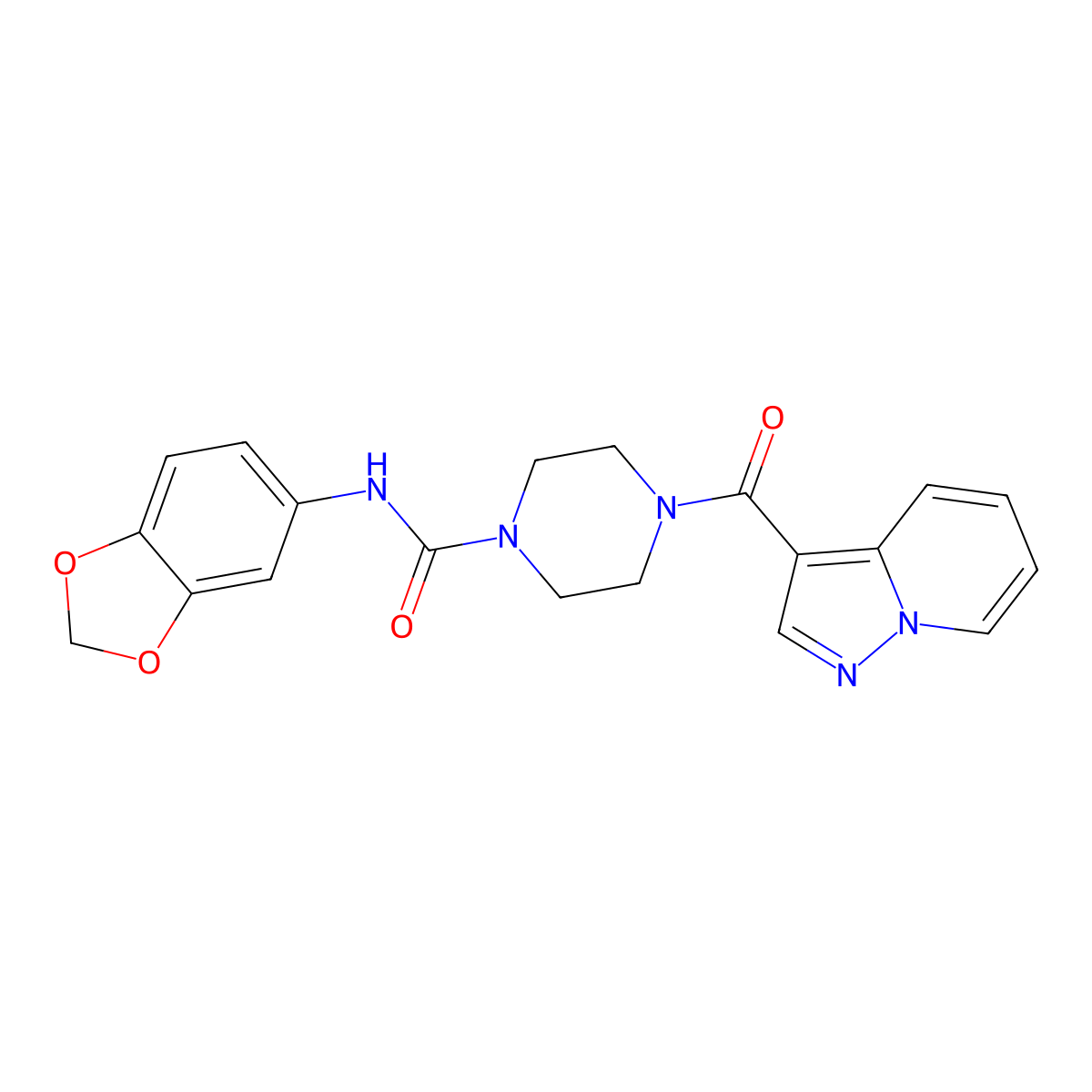 N-(2H-1,3-benzodioxol-5-yl)-4-{pyrazolo[1,5-a]pyridine-3-carbonyl}piperazine-1-carboxamide molecular structure, CAS 1421584-11-3