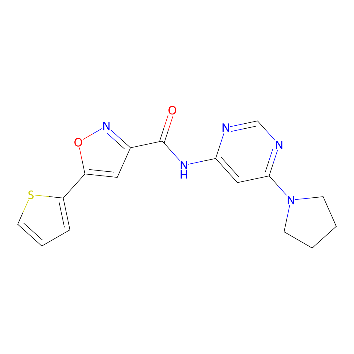 N-(6-(pyrrolidin-1-yl)pyrimidin-4-yl)-5-(thiophen-2-yl)isoxazole-3-carboxamide molecular structure, CAS 1421584-13-5