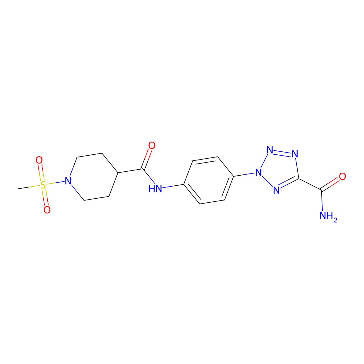 N-(4-(5-carbamoyl-2H-tetrazol-2-yl)phenyl)-1-(methylsulfonyl)piperidine-4-carboxamide molecular structure, CAS 1421584-19-1