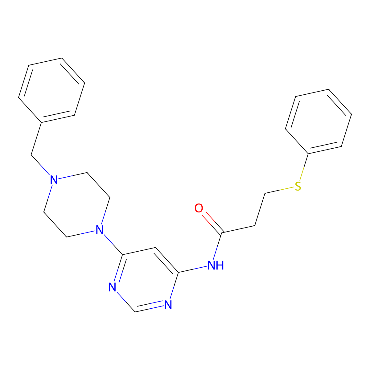 N-(6-(4-benzylpiperazin-1-yl)pyrimidin-4-yl)-3-(phenylthio)propanamide molecular structure, CAS 1421584-24-8
