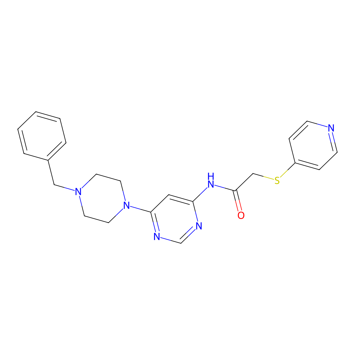 N-(6-(4-benzylpiperazin-1-yl)pyrimidin-4-yl)-2-(pyridin-4-ylthio)acetamide molecular structure, CAS 1421584-25-9