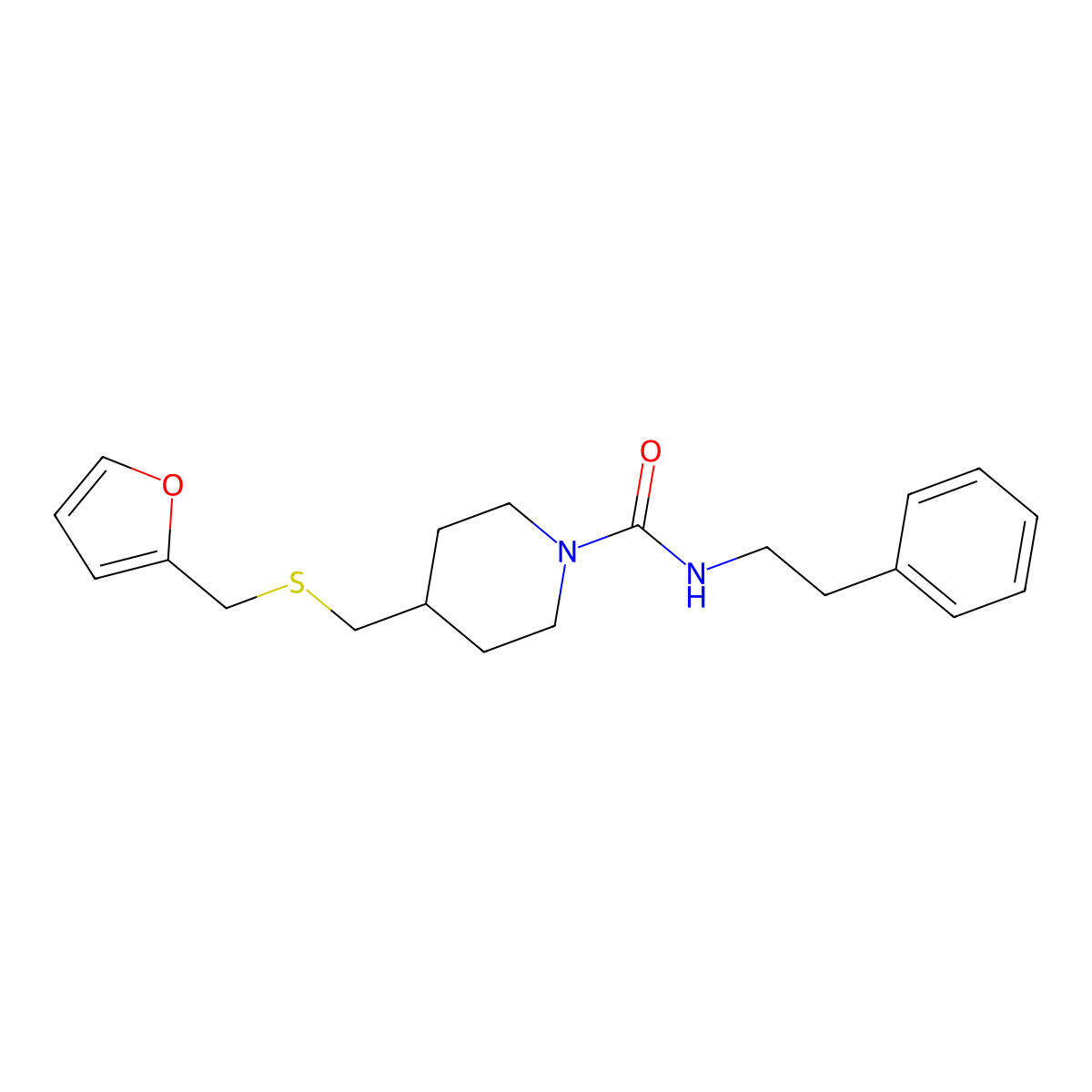 4-(((furan-2-ylmethyl)thio)methyl)-N-phenethylpiperidine-1-carboxamide molecular structure, CAS 1421584-38-4