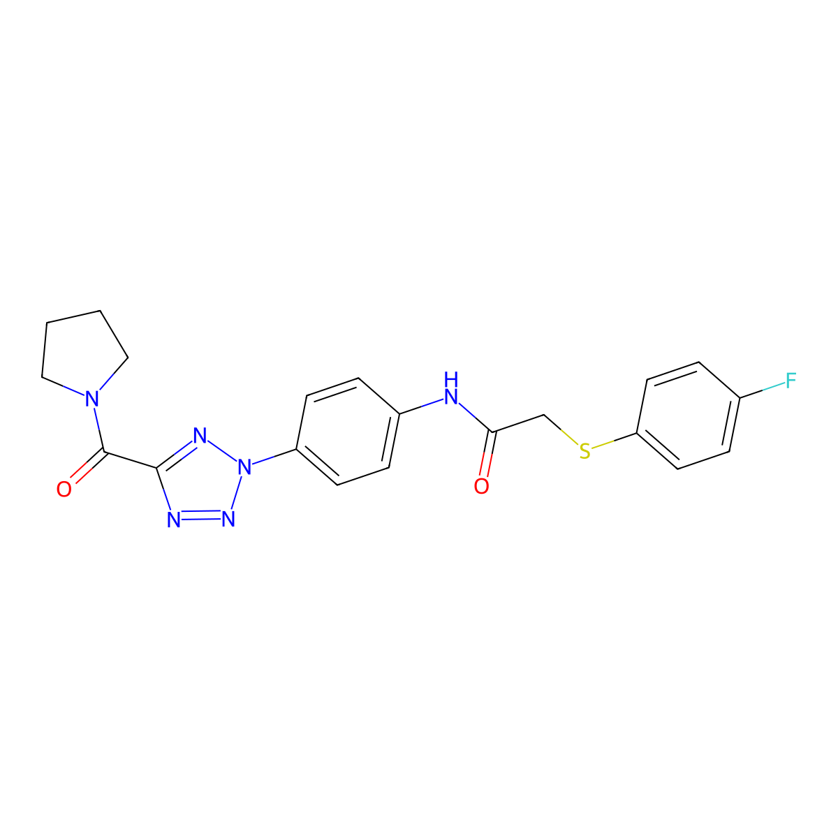 2-((4-fluorophenyl)thio)-N-(4-(5-(pyrrolidine-1-carbonyl)-2H-tetrazol-2-yl)phenyl)acetamide molecular structure, CAS 1421584-39-5
