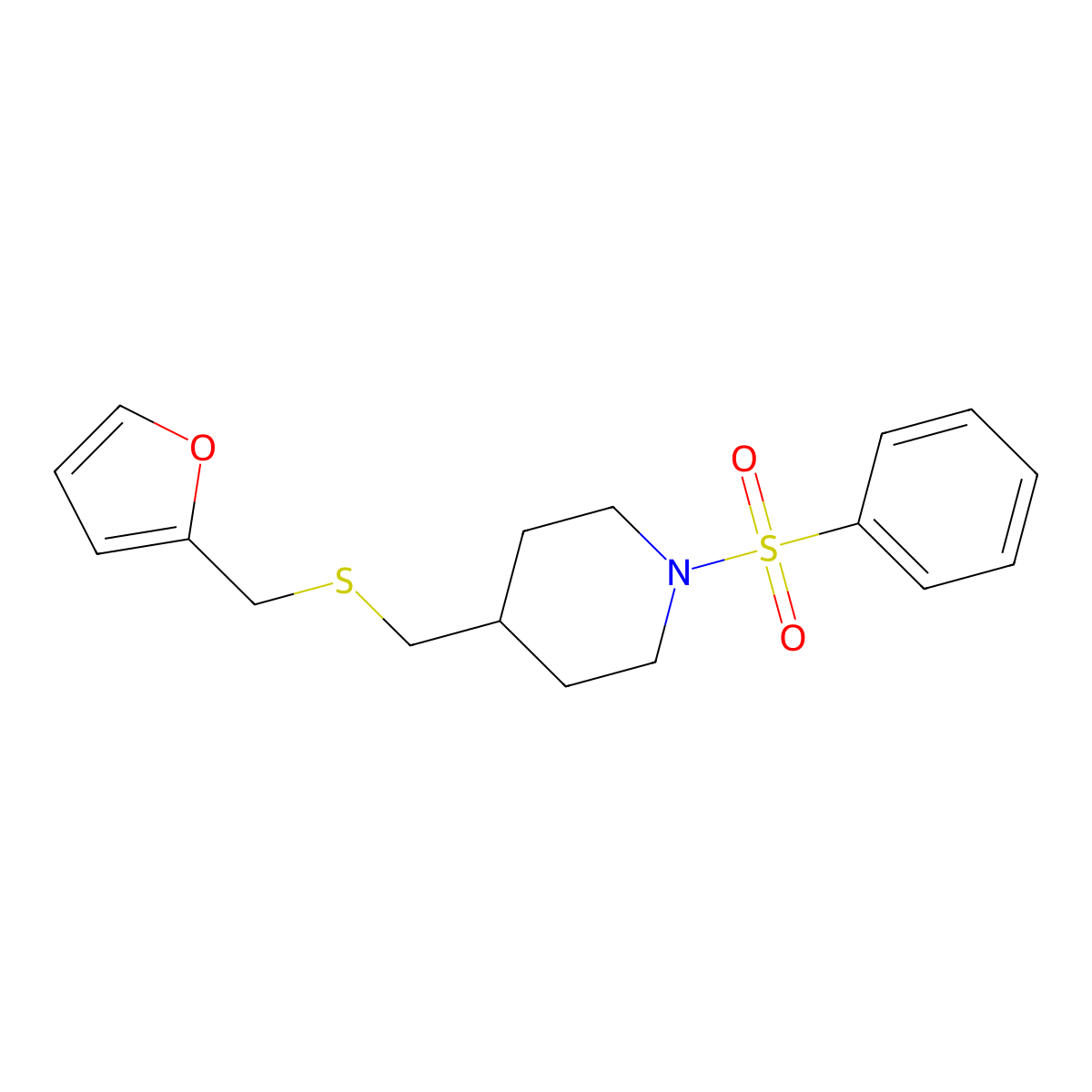 4-(((Furan-2-ylmethyl)thio)methyl)-1-(phenylsulfonyl)piperidine molecular structure, CAS 1421584-42-0